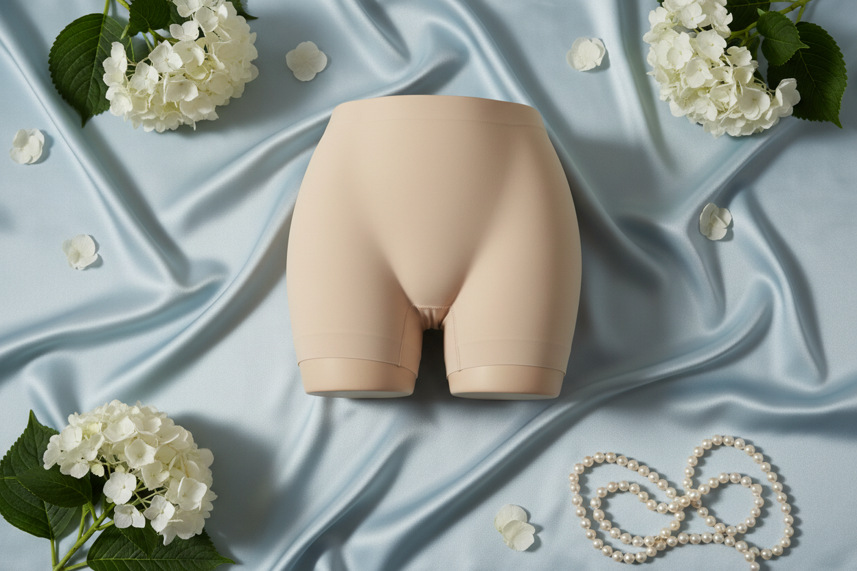 Beżowe szorty modelujące na niebieskim aksamicie